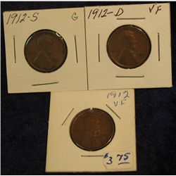 1120. 1912 P, D, & S Lincoln Cents. G-VF.