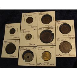 1121. Nice French Coins: 1919 1c  VF; 1912 2c Brown Unc; 1900 Brown AU, 1916 Brown AU, 1916 Brown EF