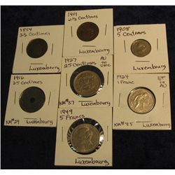 1123. Great Luxembourg Coins: 1854 VF & 1901 VF 2 1/2 Centimes; 1908 Five Centimes F; 1916 EF & 1927