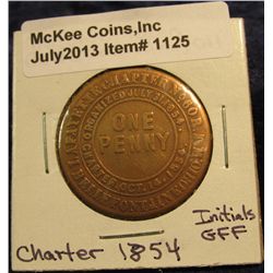 1125. 1854 Masonic Penny, Bellefontaine, Oh. Engraved initials "GFF". VG.