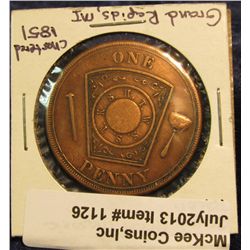 1126. 1851 Masonic Penny, Grand Rapids, Mich. Chapter No. 7, R.A.M.