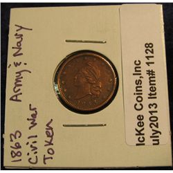 1128 1863 Civil War Token. "Army & Navy" Circulated.