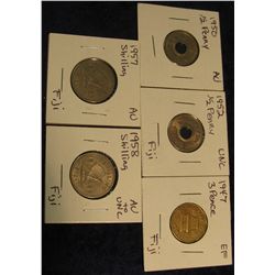 1130. Fine Collection of Fiji Coins EF-Unc: 1950 & 52 Half Pennies; 1947 3 Pence; 1957 & 58 Shilling