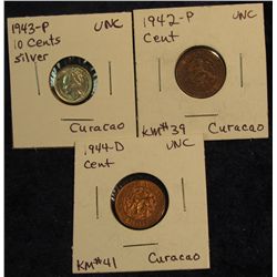 1131. Uncirculated Curacao Group including Silver: 1943 P 10c; & 1942 P & 44 D Cents.