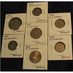 1133. Portugal Nickel Coins: 1962 Escudo; (2) 1963, 1964, 1965 2 1/2 Escudos; 1964 & 1968 5 Escudos.
