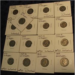 1134. Switzerland VF-BU Group: 1957B Rappen; 1908, 11, 32, 38, 54, & (2) 55 Five Rappen; 1909, 39, (