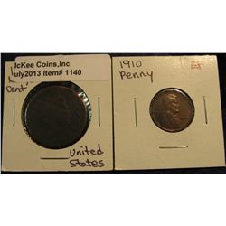 1140. 1810 U.S. Large Cent AG & 1910 P Lincoln Cent. EF.