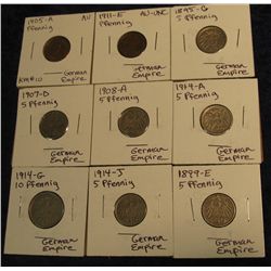 1143. German Empire: 1905A & 11E Pfennig; 1895G, 99E, 1907D, 08A, 14A, & 14J Five Pfennig; & 1914G 1