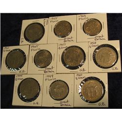 1144. Great Britain EF-AU: 1949, 50, 55, 63, & 65 Florin; & 1947, 55, 56, 58, 60, & 61 Half Crowns.