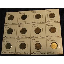 1146. France Ten Francs EF-BU: (2) 1951, 51B, (2) 52, (2) 53, (4) 55, & 57.