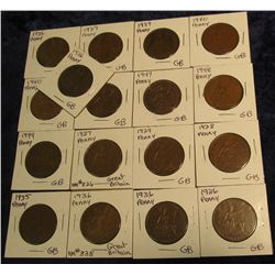 1148. Great Britain Large Pennies: 1927, 28, 29, 35, (5) 36, 37, 39, (2) 40, 46, 47, 48, & 49.