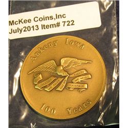 722. 1875-1975 Ankeny, Iowa Bronze High Relief Centennial Medal depicting Coal Train.
