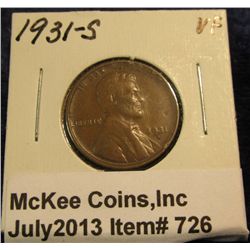 726. 1931 S Key-date Lincoln Cent. VF 20.