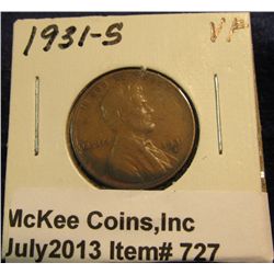 727. 1931 S Key-date Lincoln Cent. VF 20.