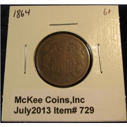 729. 1864 U.S. Two Cent Piece. Civil War era. G+.
