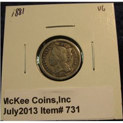 731. 1881 U.S. Three Cent Nickel. VG.