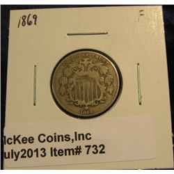 732. 1869 U.S. Shield Nickel. F-12.