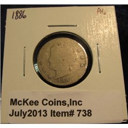 738. 1886 Liberty Nickel. AG-3.