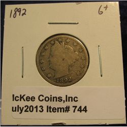 744. 1892 Liberty Nickel. G+.