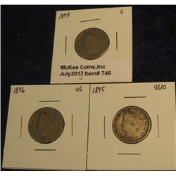 746. 1894, 95, & 96 Liberty Nickels. G-VG.