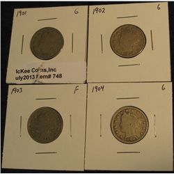 748. 1901, 02, 03, & 04 Liberty Nickels. G-F.