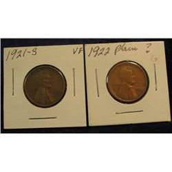 1202. 1921 S VF & 22 Weak D Lincoln Cents. Scarce.