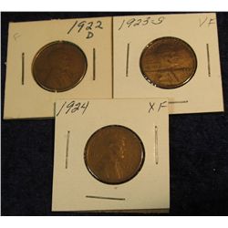 1205. 1922 D G-4, 23 S F-12 & 24P VF Lincoln Cents.