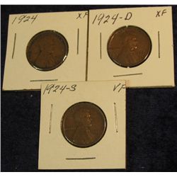 1206. 1924 P, D, & S Lincoln Cents. VF-EF.