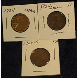 1207. 1924 P EF+, 24D VF, & 24S F-12 Lincoln Cents.