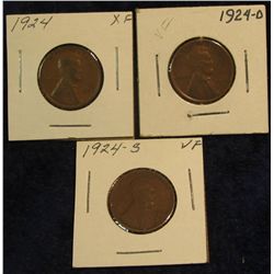 1208. 1924 P EF, 24 D VG, & 24 S VF Lincoln Cents.