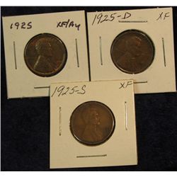 1209. 1925 P EF-AU, 25 D EF, & 25 S F-12 Lincoln Cents.
