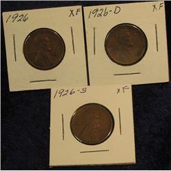 1211. 1926 P, D, & S Lincoln Cents. All VF-EF.