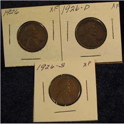 1212. 1926 P, D, & S Lincoln Cents. All VF-EF.