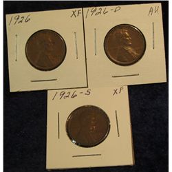 1213. 1926 P, D, & S Lincoln Cents. All VF-EF.
