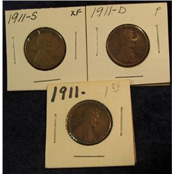 1230. 1911 P, D, & S Lincoln Cents. F-EF.