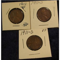 1231. 1911 P, D, & S Lincoln Cents. F-EF.