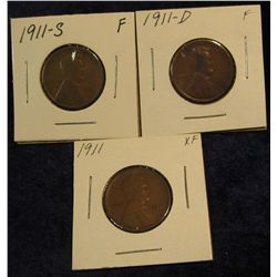 1232. 1911 P, D, & S Lincoln Cents. F-EF.