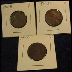 1233. 1911 P, D, & S Lincoln Cents. F-EF.
