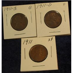 1234. 1911 P, D, & S Lincoln Cents. G-EF.