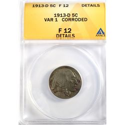 1913-D T1 BUFFALO NICKEL ANACS FINE 12 DETAILS