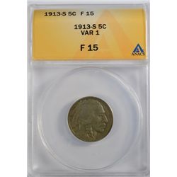 1913-S T1 BUFFALO NICKEL ANACS FINE 15