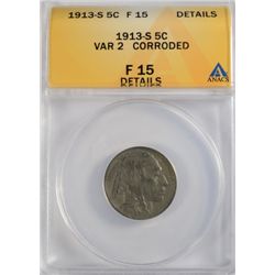 1913-S T2 BUFFALO NICKEL ANACS FINE 15 DETAILS