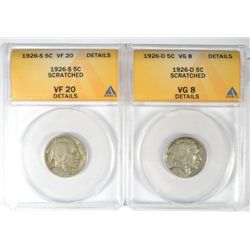 1926-D ANACS VG-8 DETAILS & 1926-S ANACS VF-20 DETAILS BUFFALO NICKELS