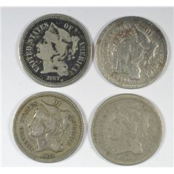 4 DIFFERENT THREE CENT NICKELS ( 65,66,67,73) AG-VG
