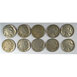 10 DIFFERENT BUFFALO NICKELS ( 28-D,28-S,29,29-D,29-S,30,30-S,31-S,34,34-D) VG-