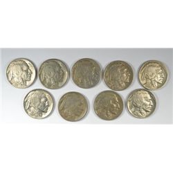 9 DIFFERENT BUFFALO NICKELS (35,35-D,35-S,36-D,36-S,37,37-D,37-S,38-D) VG-AU