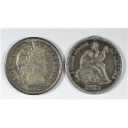 1883 SEATED DIME "LOVE TOKEN" F/VF & 1892 BARBER DIME AU58 P.Q. ORIGINAL