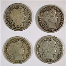 4-1911 BARBER DIMES "GRADING SET" (GOOD,VG,FINE,VF)