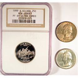 1999-S SILVER NEW JERSEY QUARTER NGC PF-69 UC & 1934 & 1948 WASHINGTON QUARTERS