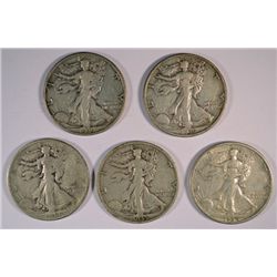 5 DIFFERENT WALKING LIBERTY HALF DOLLARS (34-D,34-S,35,35-D,35-S) GOOD-FINE